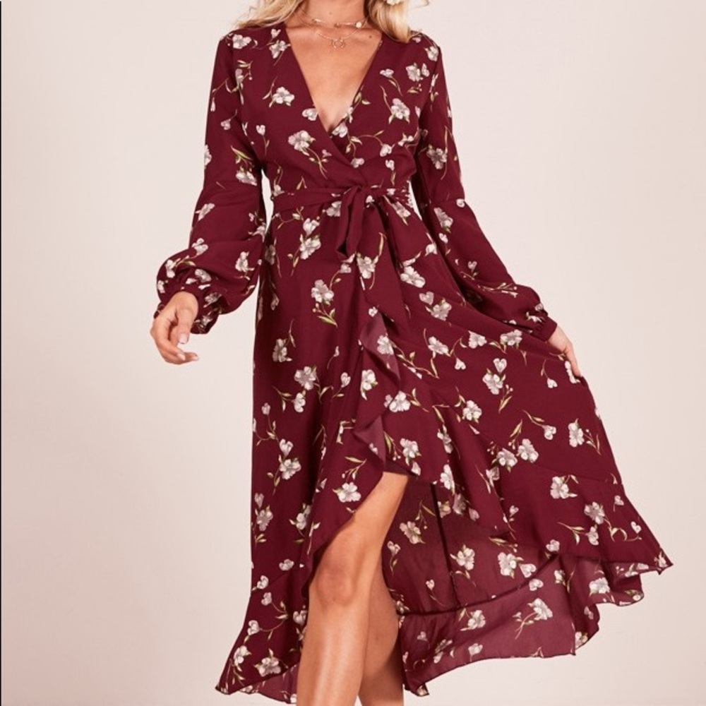 Never Worn | Showpo Wine Floral Wrap Maxi Dress